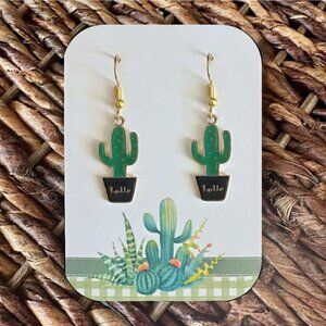 New Cute Gold-Tone Green and Black Cactus Dangle Earrings 🌵 (1.75” L x 0.5” W)